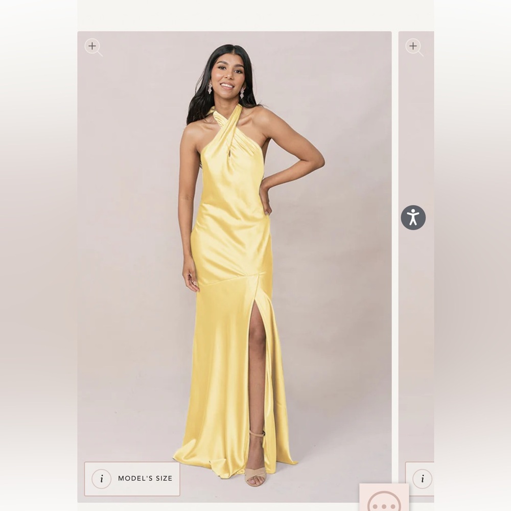 Revelry Yellow Satin Backless Halter Gown